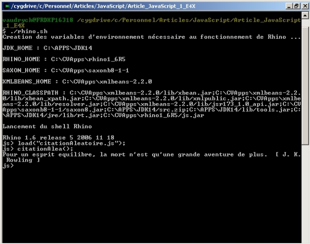 Copie d'écran du résultat de l'utilisation de afficherMessage() (Cygwin)