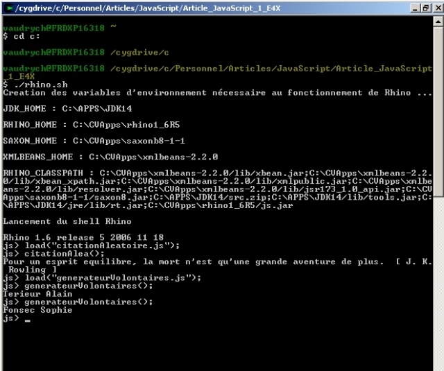Copie d'écran du résultat de l'utilisation de generateurVolontaires() (Cygwin)